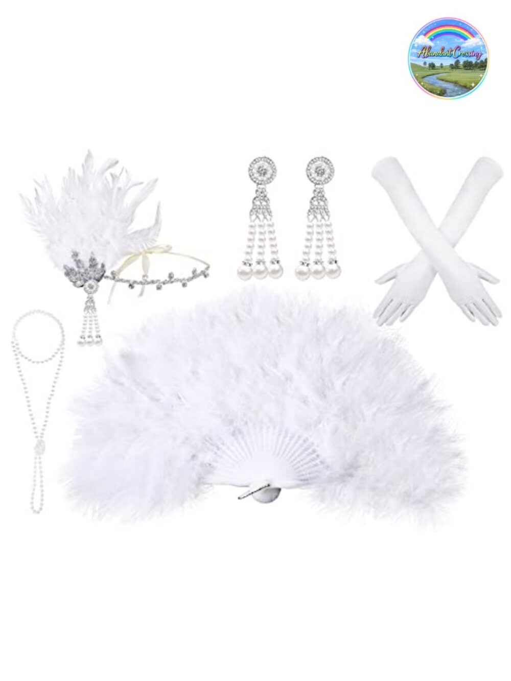 1920s Flapper Accessories Set Feather Fan Pearl Necklace Gloves Headband